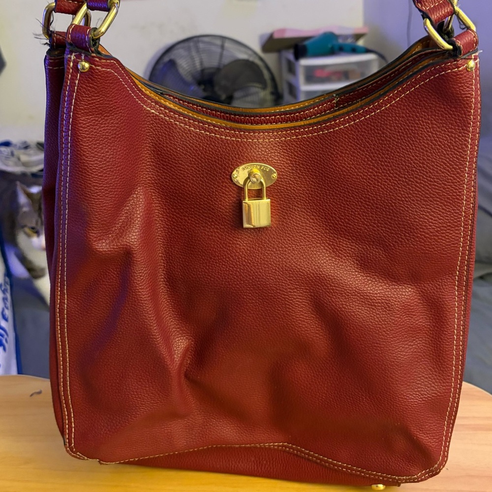 London Fog Burgundy Pebbled Leather Hobo Shoulder Bag w/ Gold Padlock Accent